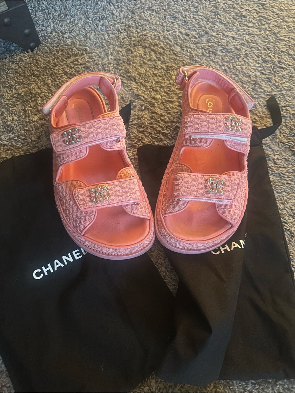 CHANEL Coral Pink Crystal CC Strap Sandals - Picture 6 of 10